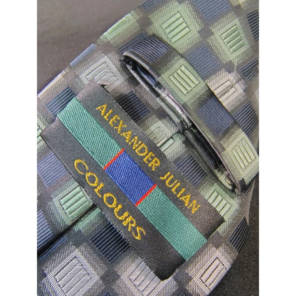 Alexander Julian Colours Tie Men Green Grey Checkered Grid Box Pattern Polyester